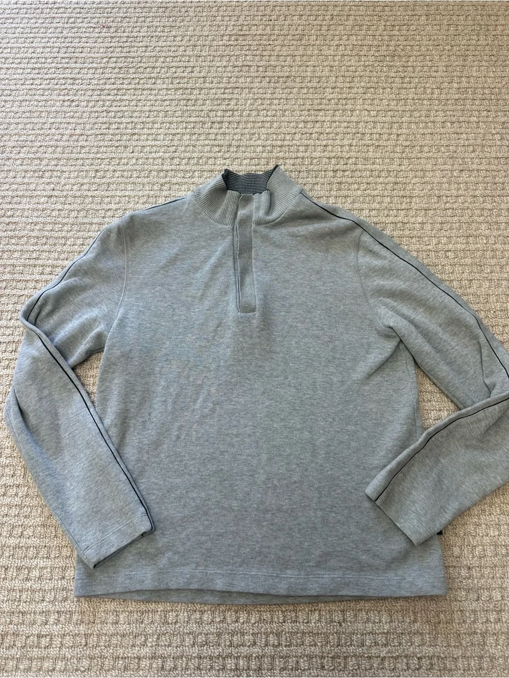 BOSS Hugo Boss Gray Knit 1/4 Snap Mock Neck Pullover Black Trim Sweater Sz M